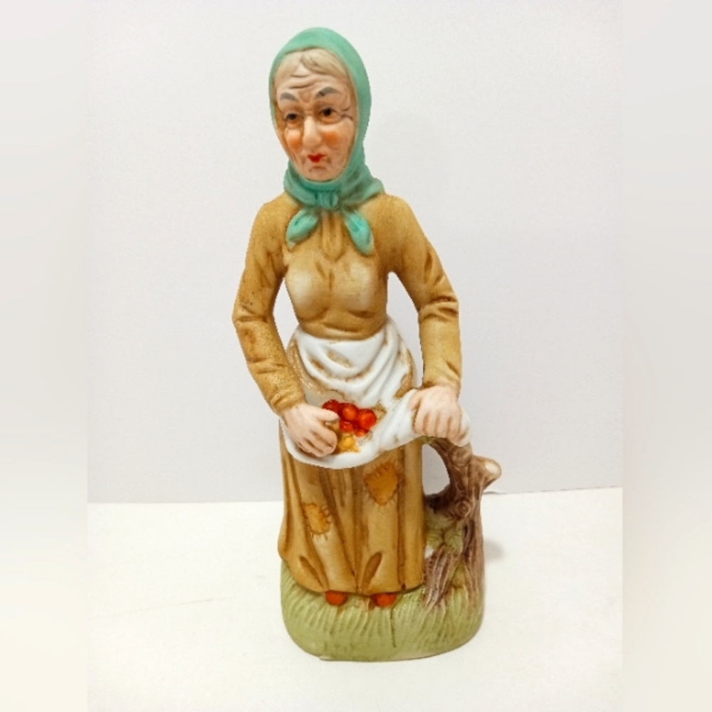 Old Lady in Apron Figurine Picking Fruit Vintage